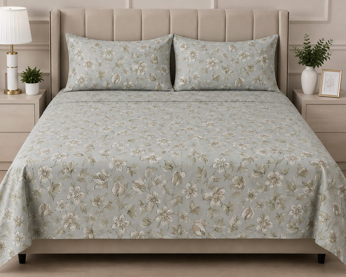 Light Grey Floral Printed Bed Sheet Set with Matching Pillow Covers