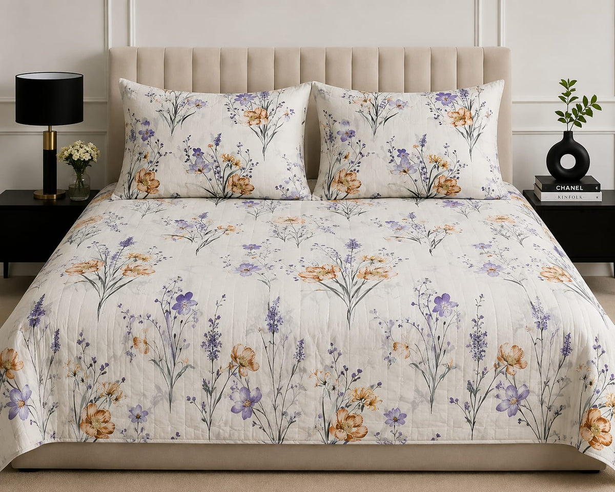 Elegant Floral Printed Bed Sheet Set – Purple & Peach Botanical Design