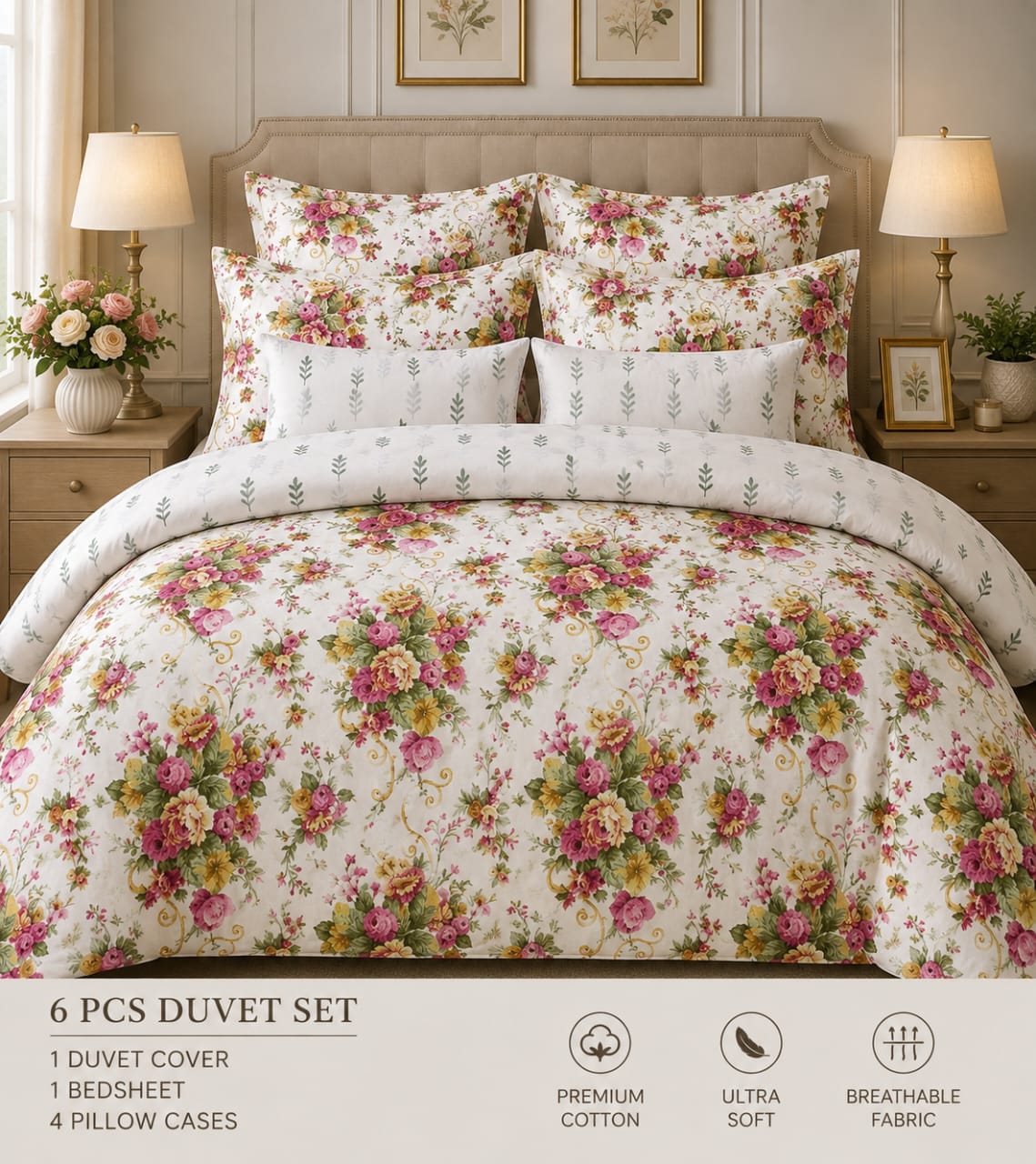 Title: Elegant Floral Printed 8-Piece Comforter Set – Soft & Breathable Bedding Set