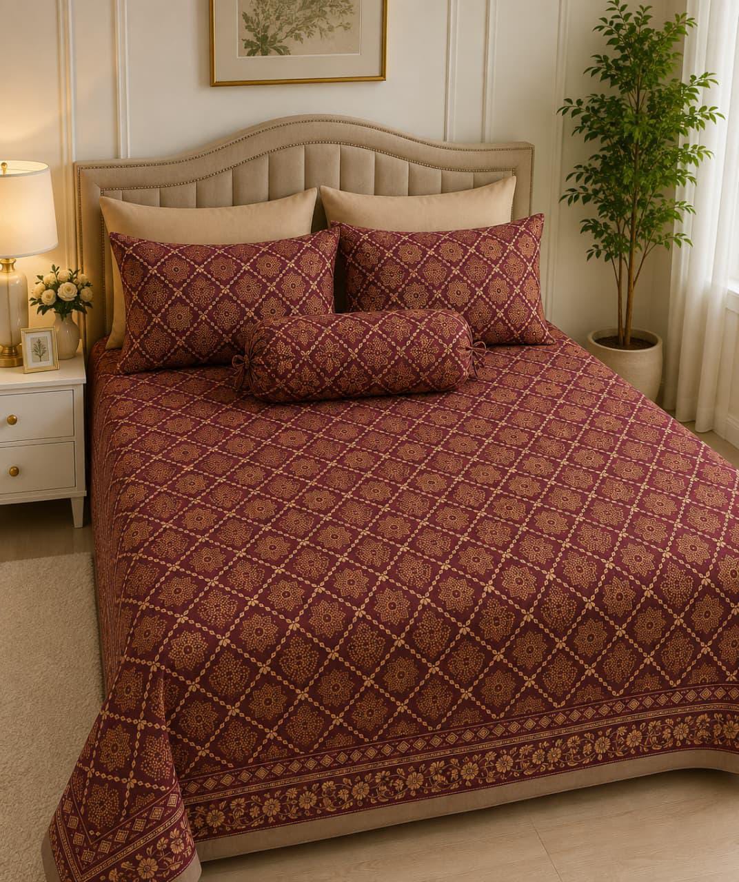Luxury Maroon & Golden Printed Bed Sheet Set