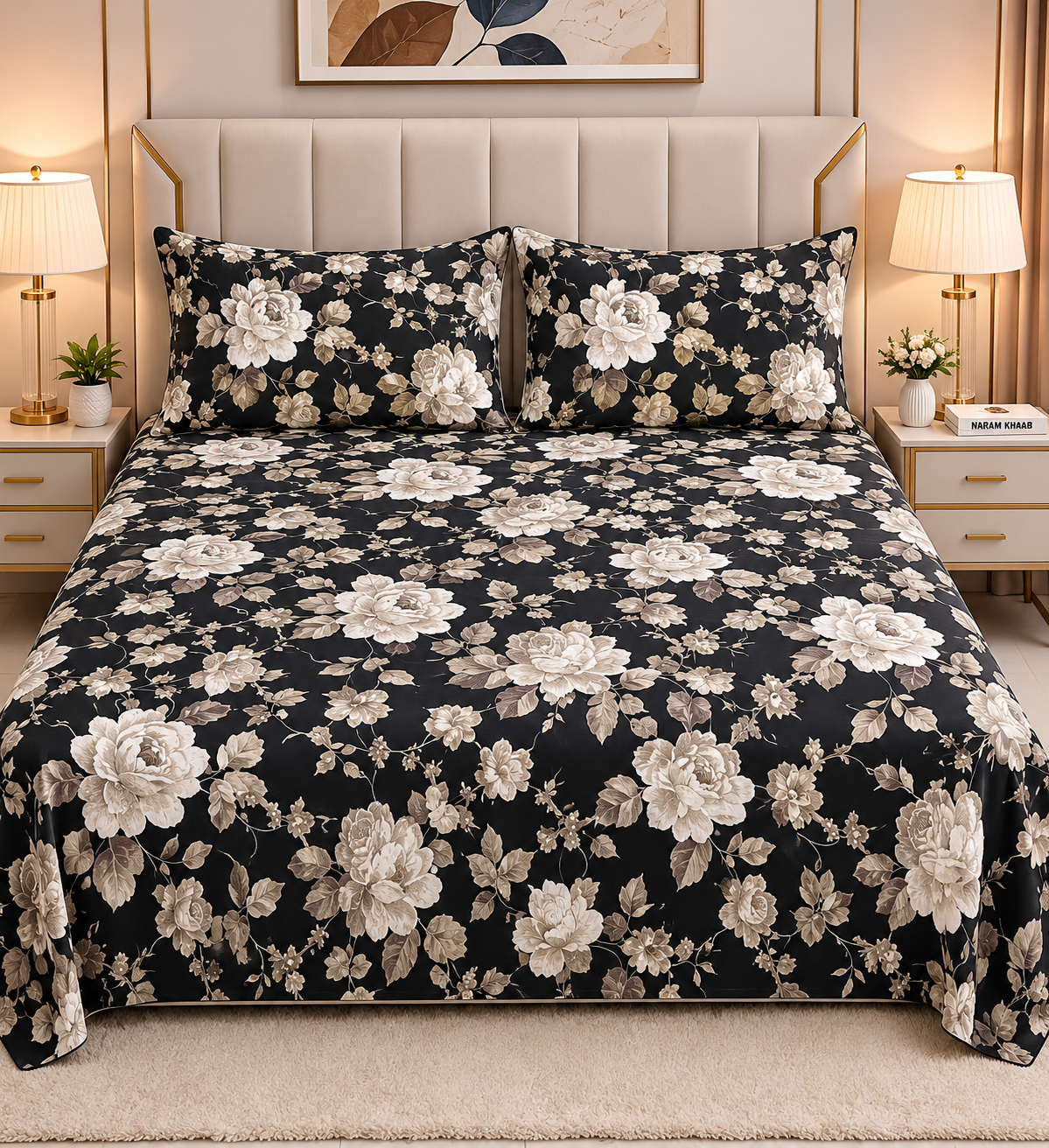 Luxury Black Floral Bed Sheet Set with 2 Matching Pillow Covers | Elegant Soft Bedding