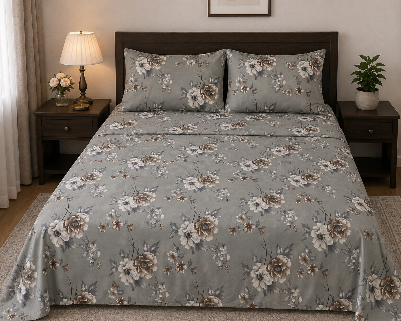 Elegant Grey Floral Bed Sheet Set with 2 Matching Pillow Covers – Soft & Stylish Bedroom Bedding