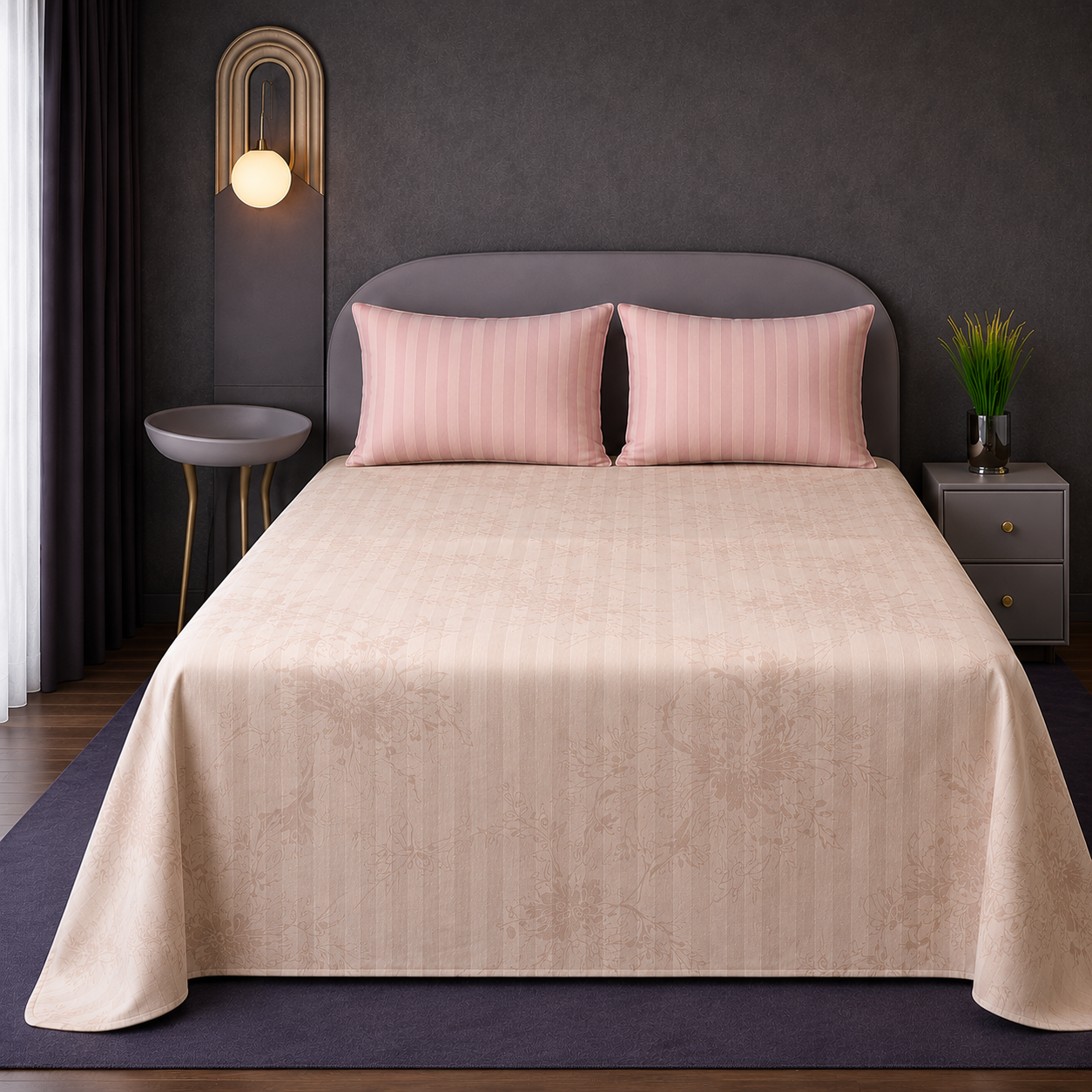 Elegant Light Grey Floral Bed Sheet Set – Soft, Breathable & Wrinkle-Resistant (2 Pillow Covers Included)