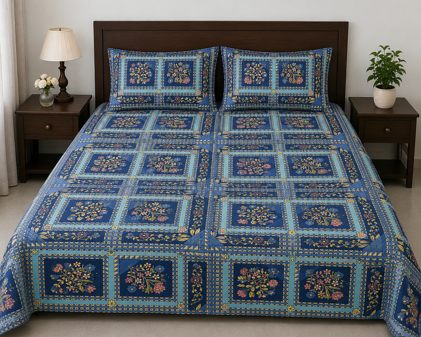 Elegant Blue Floral Geometric Bed Sheet Set with 2 Matching Pillow Covers | Soft & Comfortable Bedding