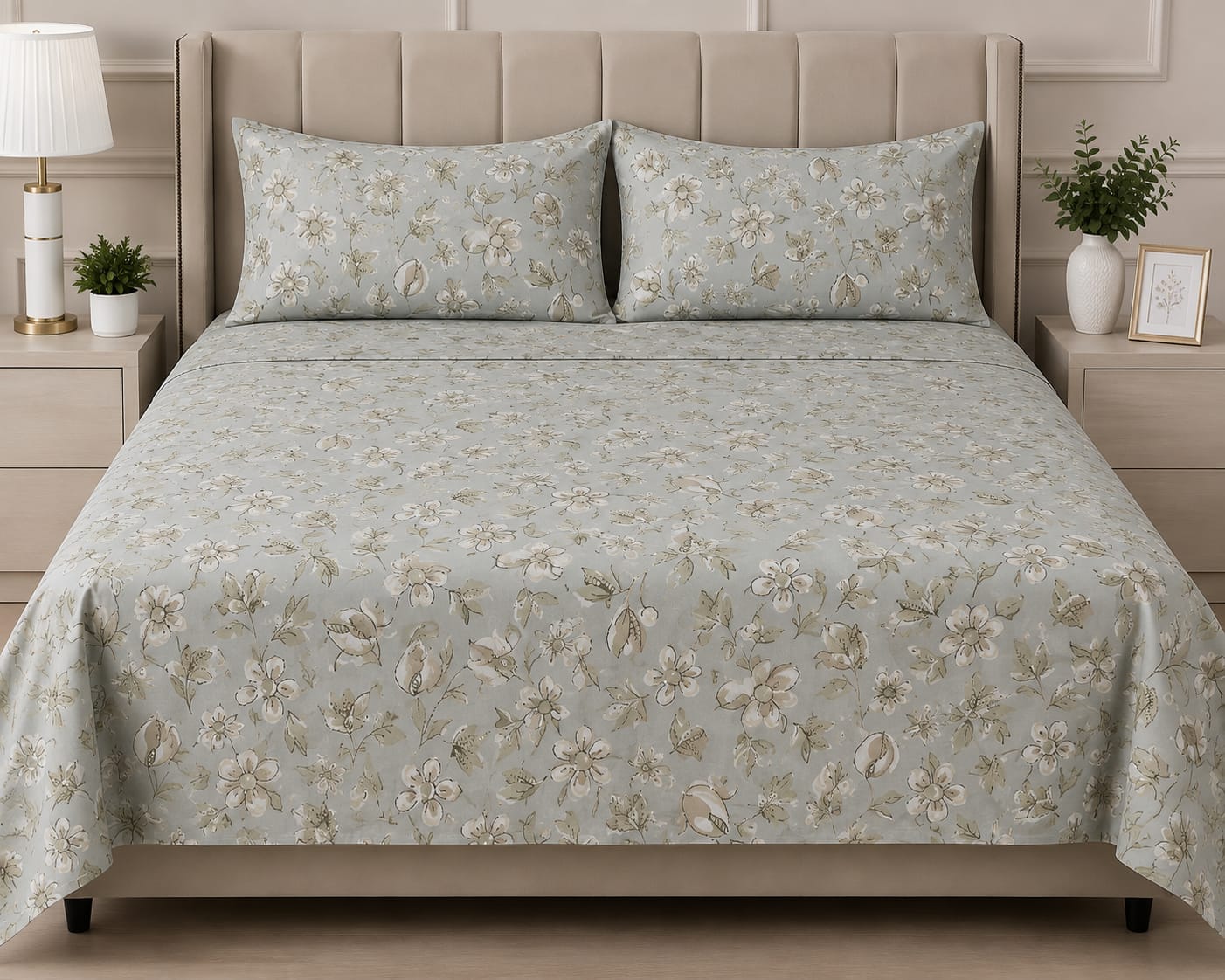 Light Grey Floral Printed Bed Sheet Set with Matching Pillow Covers