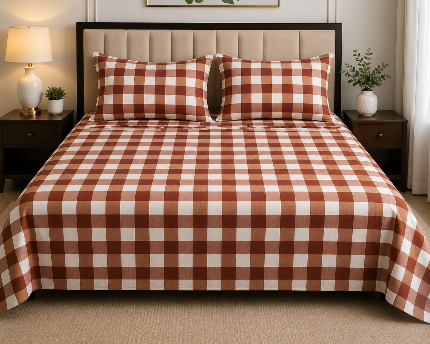 Turquoise & White Checkered Cotton Bed Sheet Set with Matching Pillow Covers