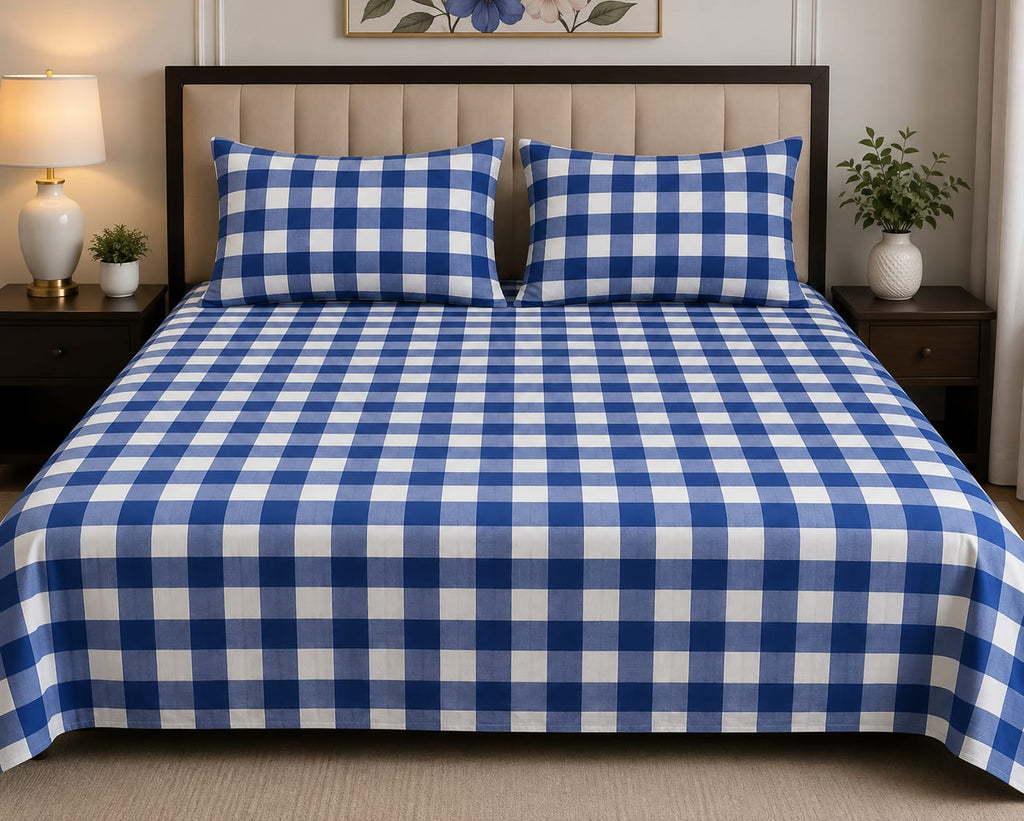 Turquoise & White Checkered Cotton Bed Sheet Set with Matching Pillow Covers