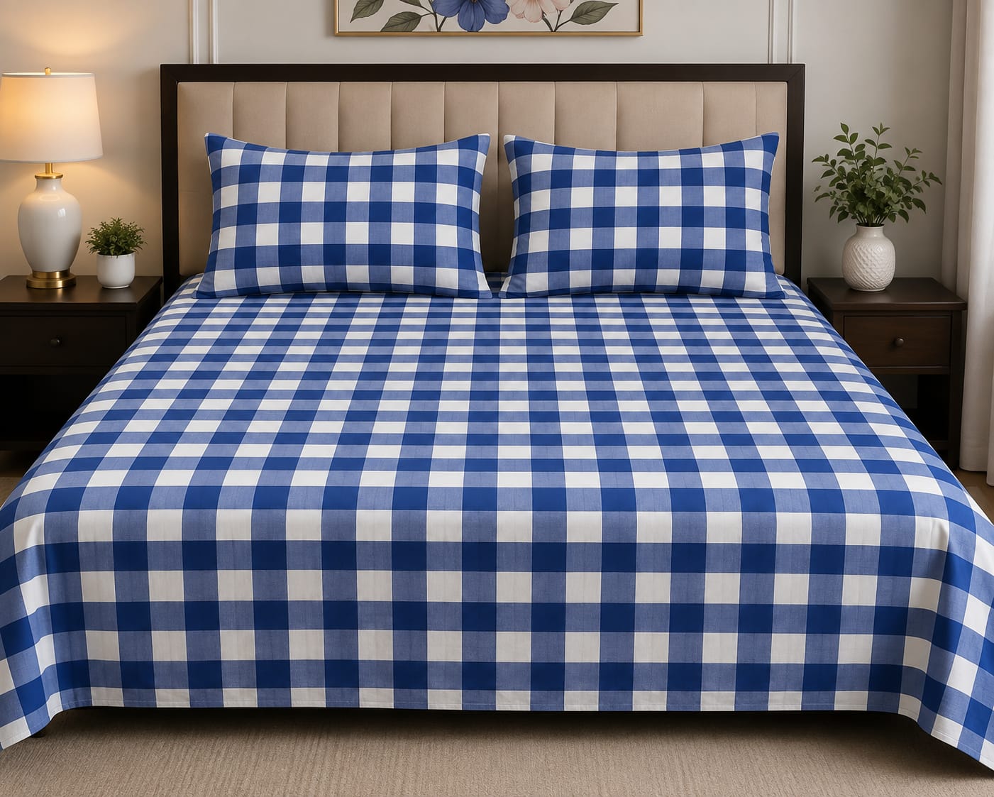 Turquoise & White Checkered Cotton Bed Sheet Set with Matching Pillow Covers