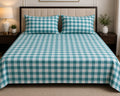 Turquoise & White Checkered Cotton Bed Sheet Set with Matching Pillow Covers