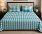 Turquoise & White Checkered Cotton Bed Sheet Set with Matching Pillow Covers