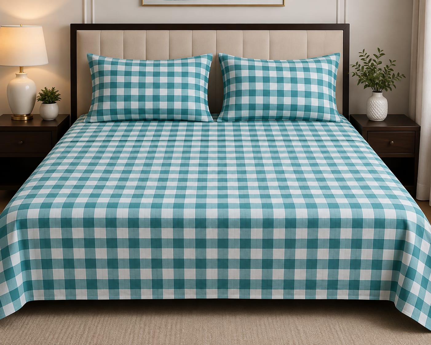 Turquoise & White Checkered Cotton Bed Sheet Set with Matching Pillow Covers