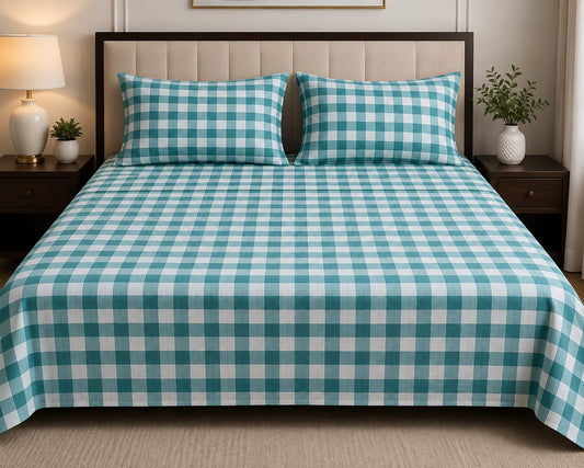 Turquoise & White Checkered Cotton Bed Sheet Set with Matching Pillow Covers