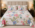 Floral Stripe Printed Bed Sheet Set – Elegant Pink & Blue Flower Design