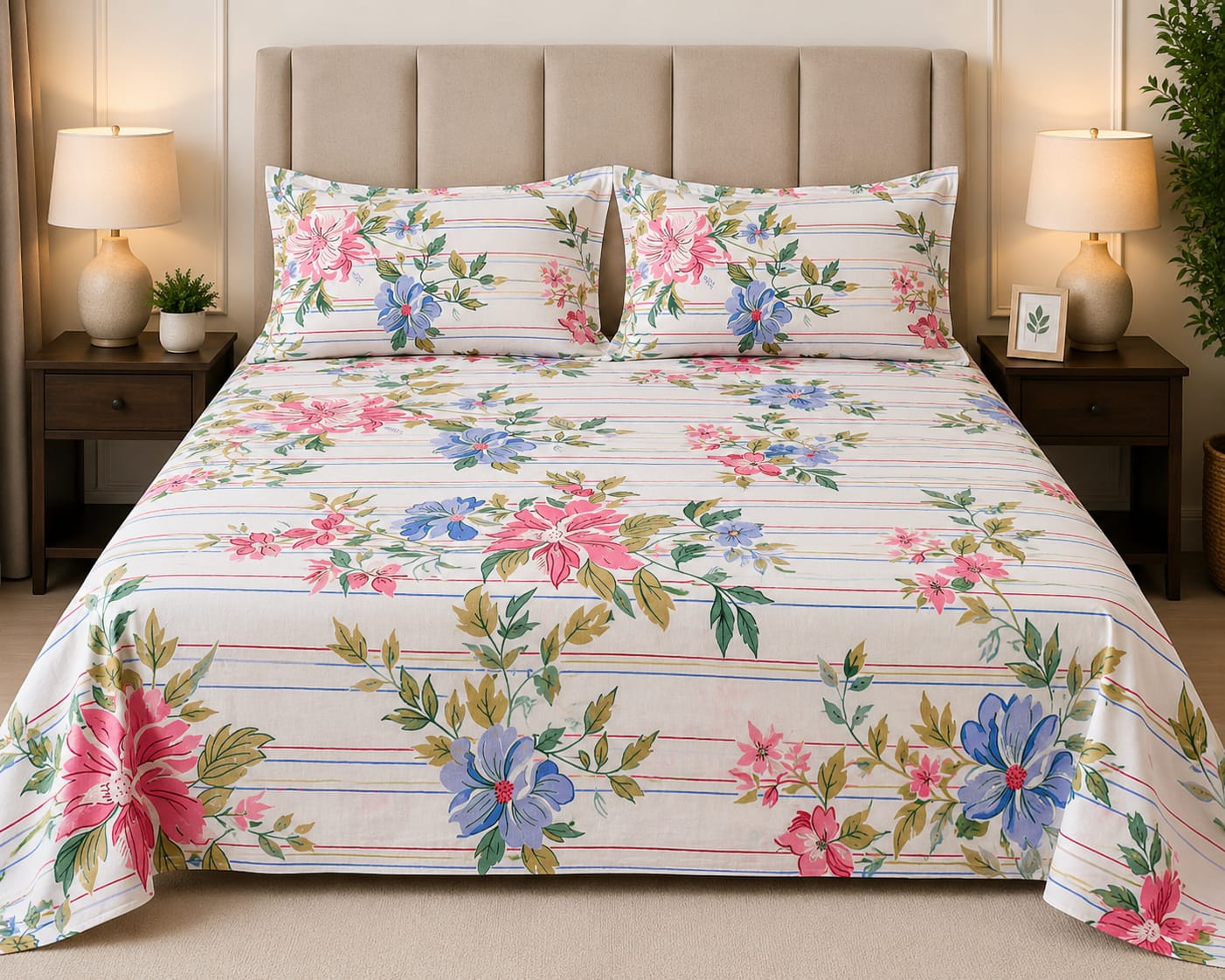 Floral Stripe Printed Bed Sheet Set – Elegant Pink & Blue Flower Design