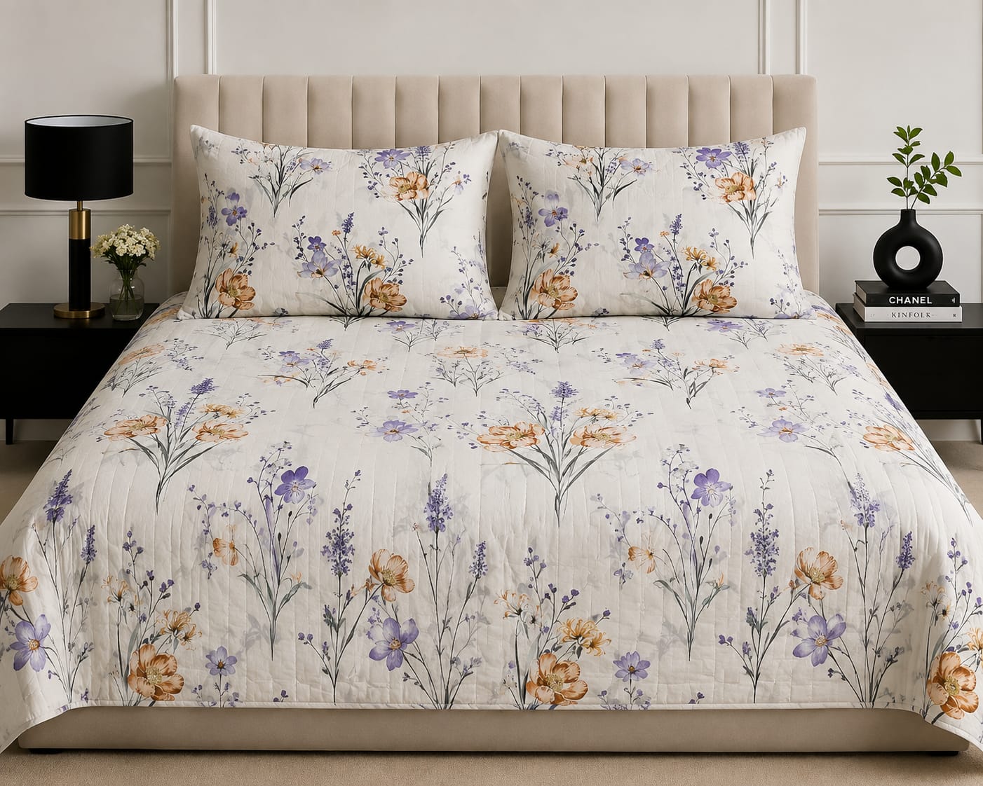 Elegant Floral Printed Bed Sheet Set – Purple & Peach Botanical Design