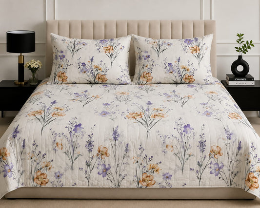 Elegant Floral Printed Bed Sheet Set – Purple & Peach Botanical Design