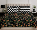 Black Floral Printed Bed Sheet Set – Elegant Orange & Green Flower Design