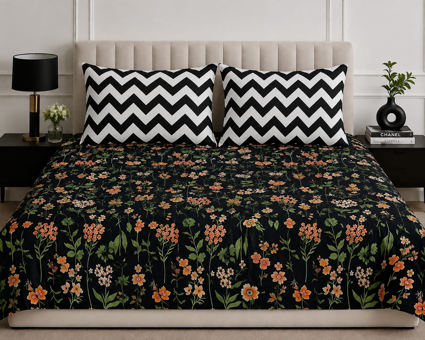 Black Floral Printed Bed Sheet Set – Elegant Orange & Green Flower Design