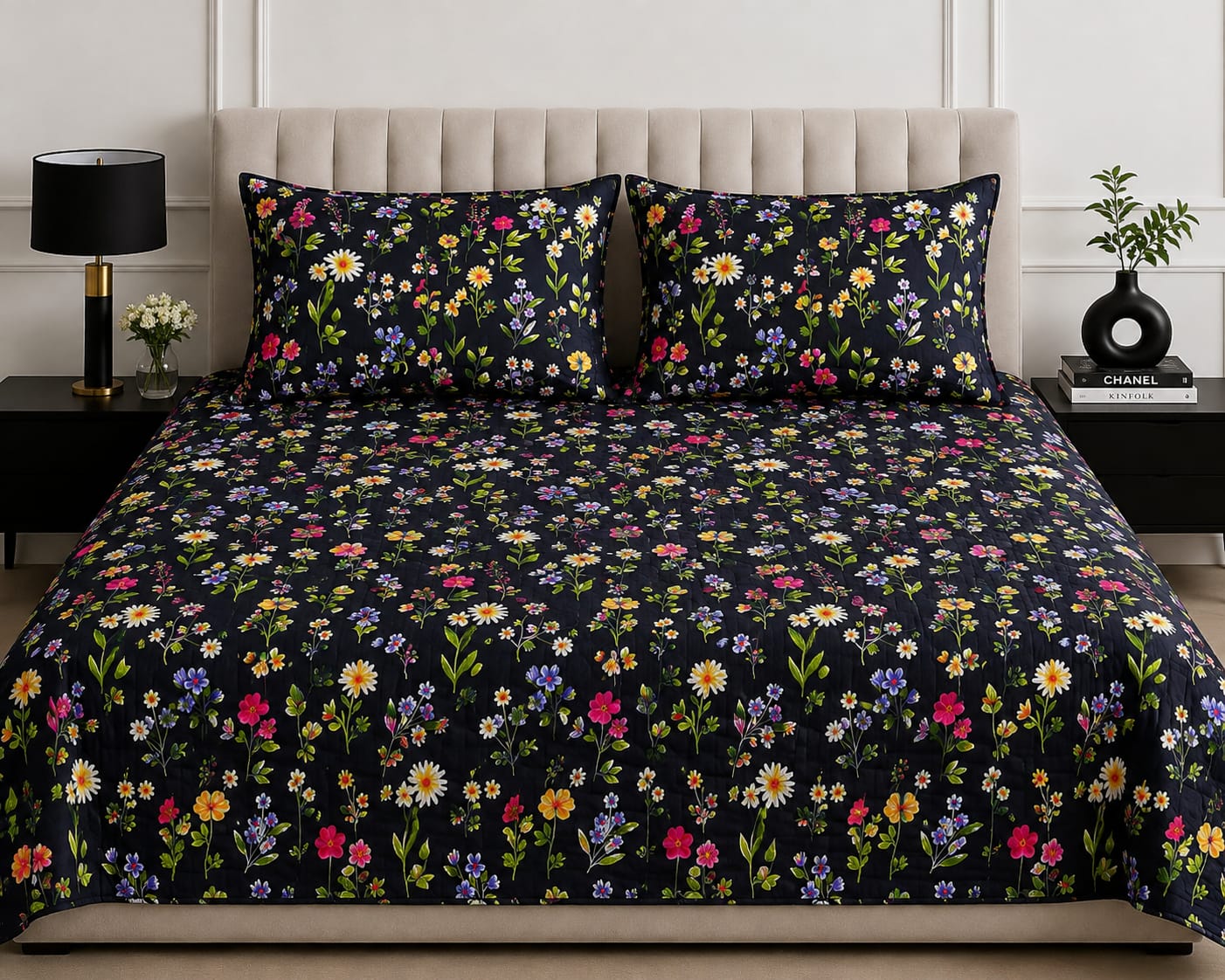 Black Floral Bed Sheet Set – Multicolor Wildflower Printed Design