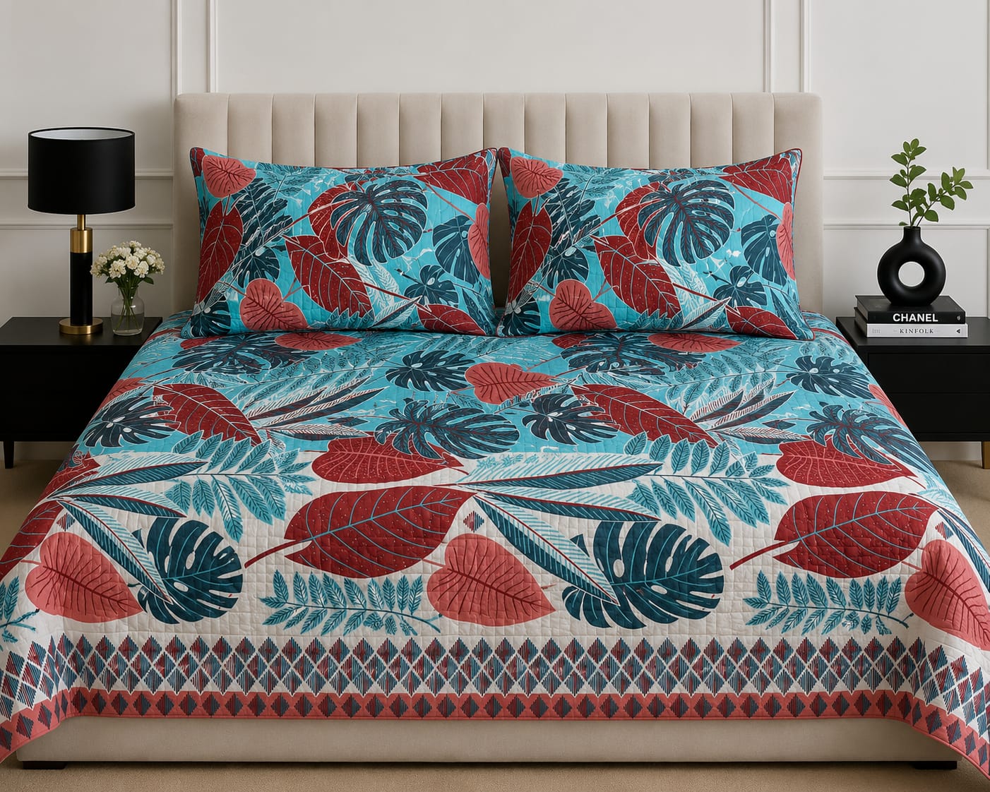 Premium Tropical Leaf Printed Bed Sheet Set – Red & Teal Floral Design