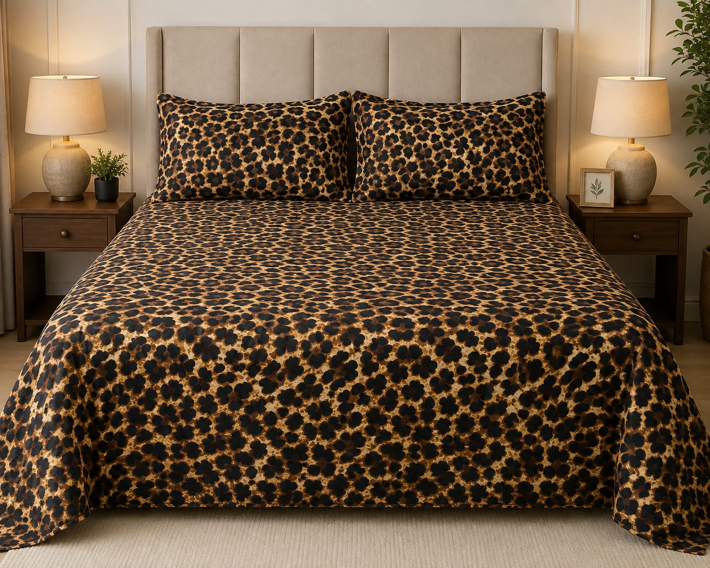 Title: Luxury Leopard Print Bed Sheet Set – Black & Golden Animal Print