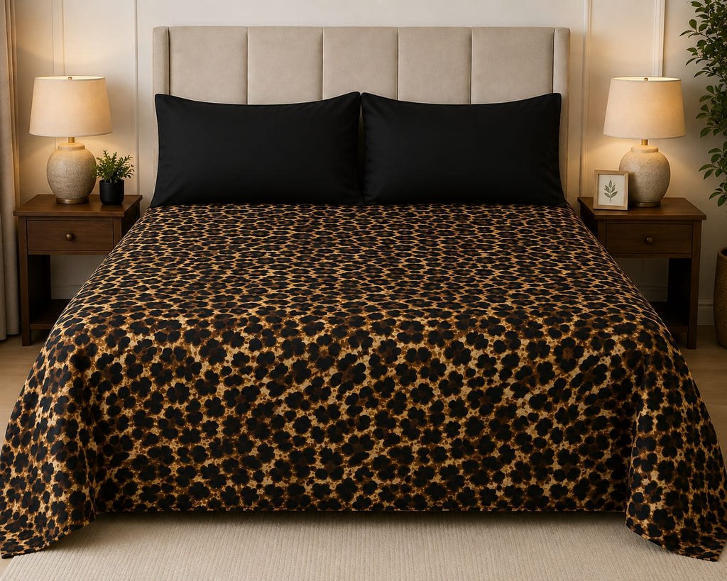 Title: Luxury Leopard Print Bed Sheet Set – Black & Golden Animal Print