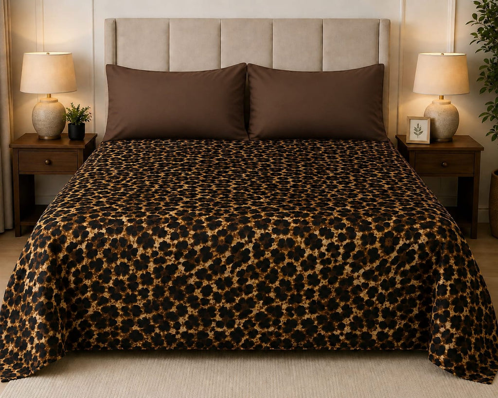 Title: Luxury Leopard Print Bed Sheet Set – Black & Golden Animal Print