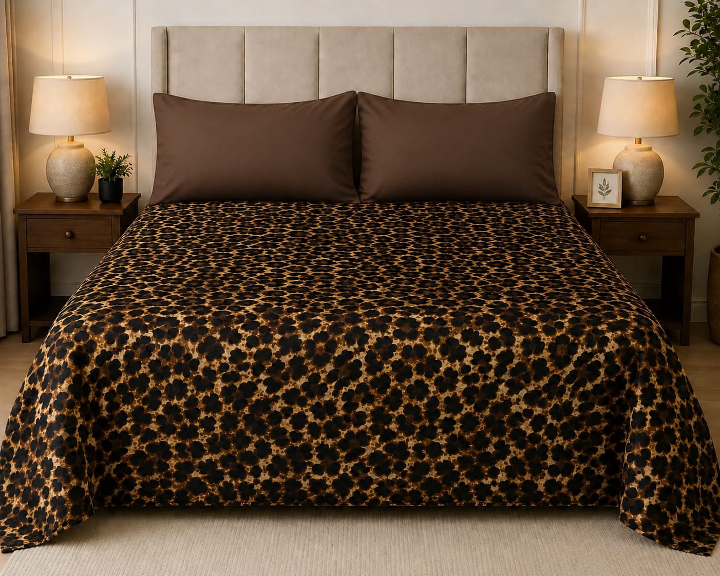 Title: Luxury Leopard Print Bed Sheet Set – Black & Golden Animal Print