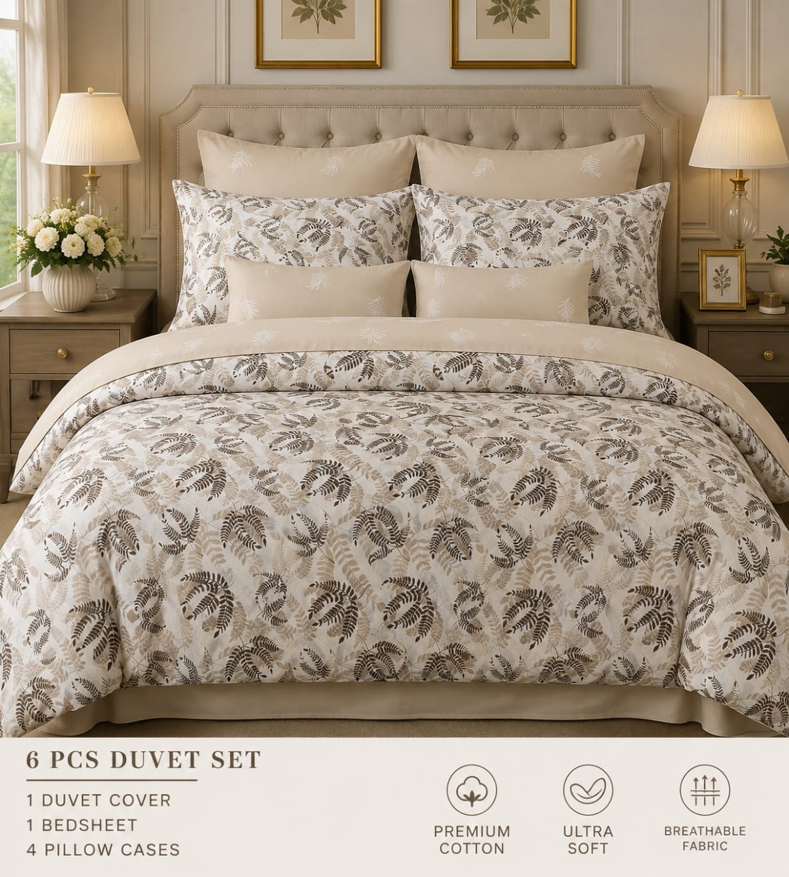 Title: Elegant Beige Leaf Print 8-Piece Comforter Set