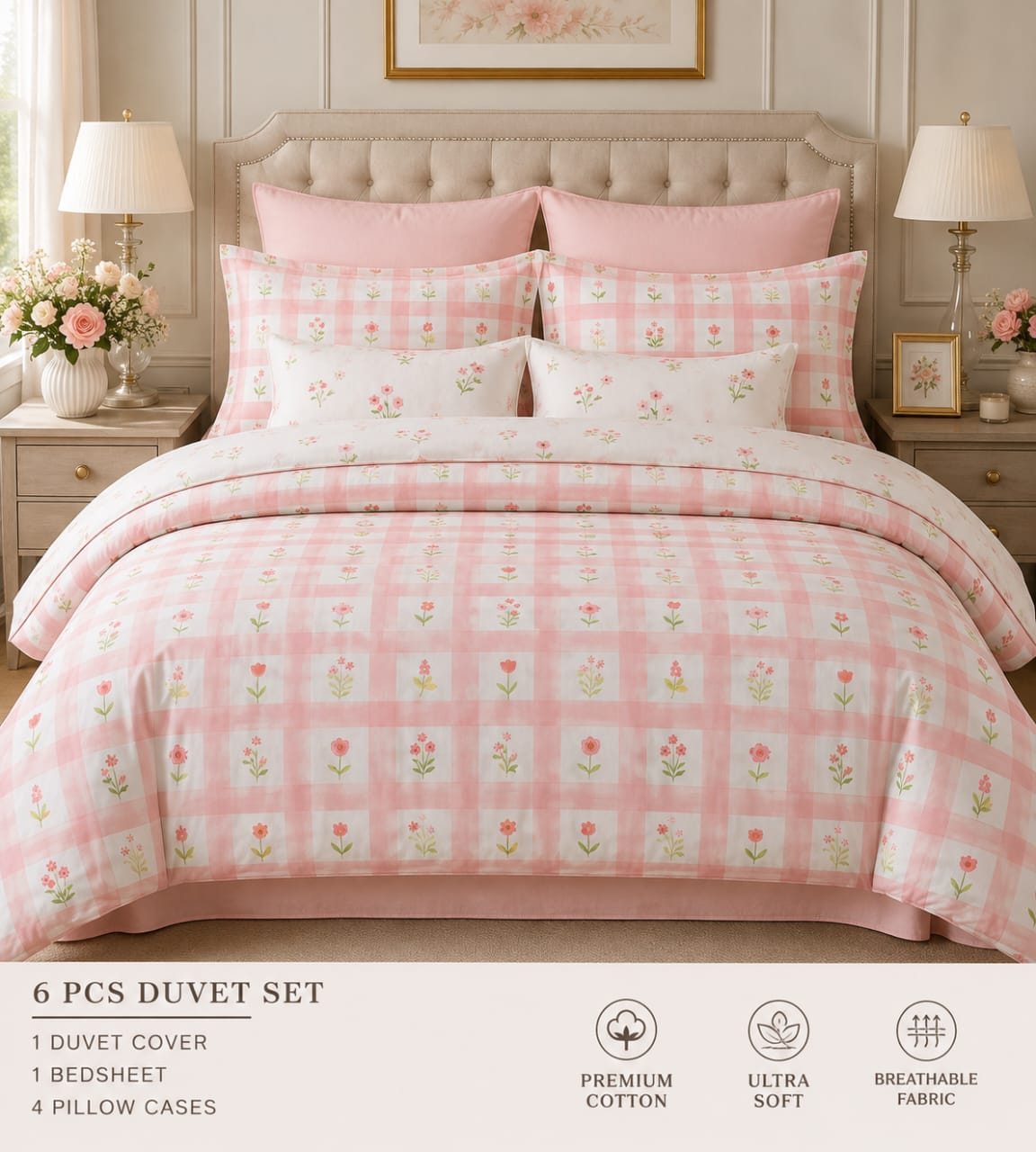 Title: Pink Floral Checkered Printed 8-Piece Comforter Set