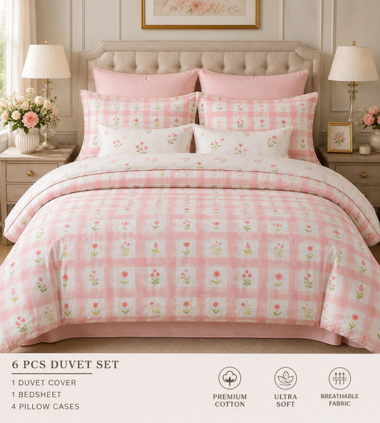 Title: Pink Floral Checkered Printed 8-Piece Comforter Set