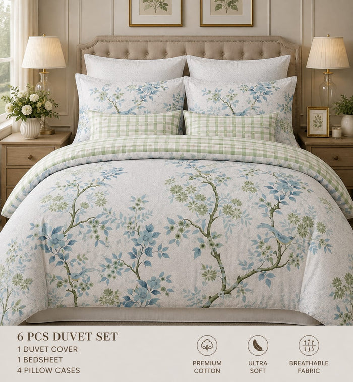 8-Piece Floral Comforter Set – Elegant Blue & Green Botanical Design