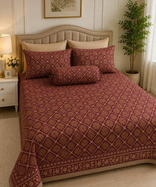 Luxury Maroon & Golden Printed Bed Sheet Set