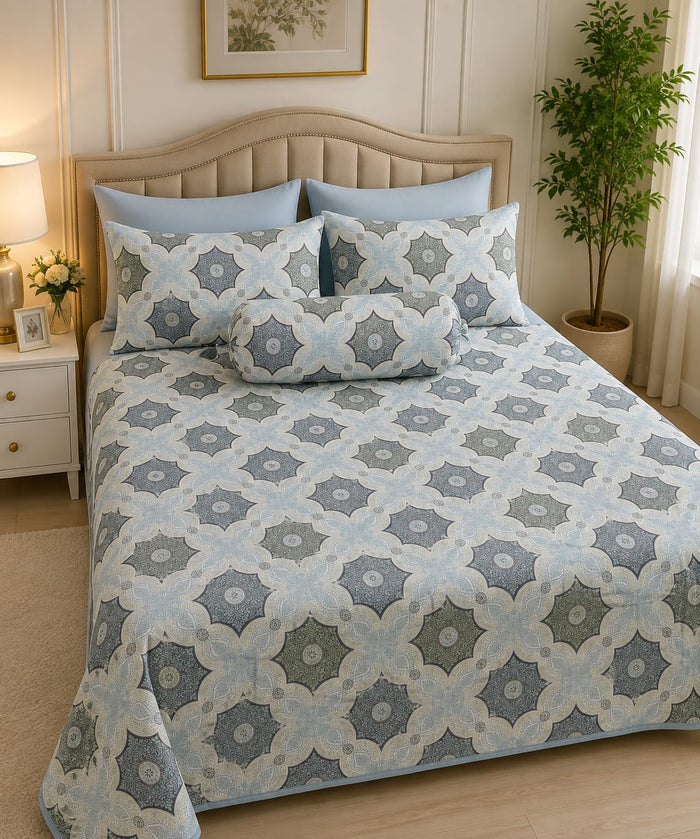 Elegant Blue & Grey Geometric Printed Bed Sheet Set