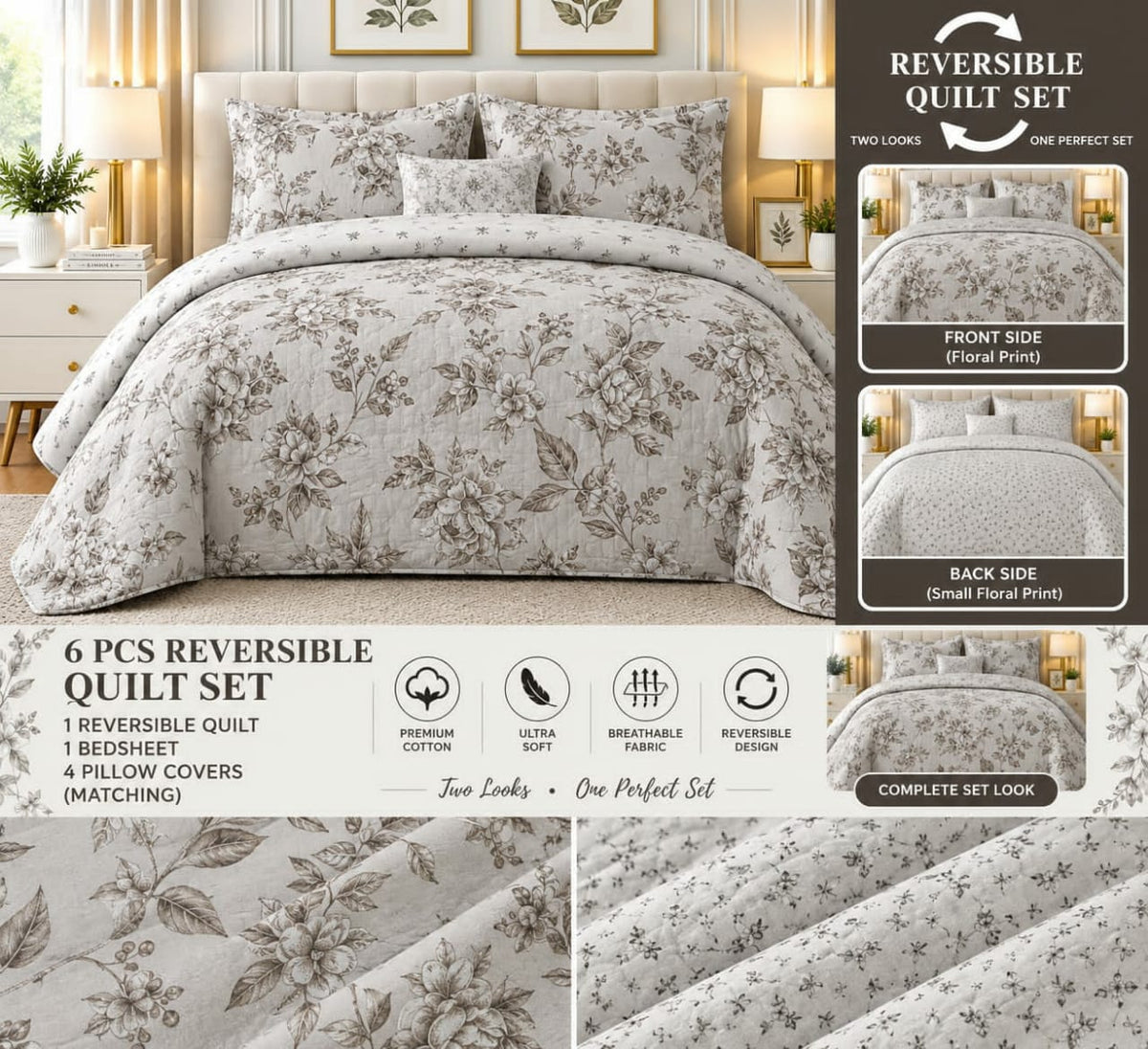 Premium 6-Piece Reversible Floral Quilt Set – Elegant Grey & White Design