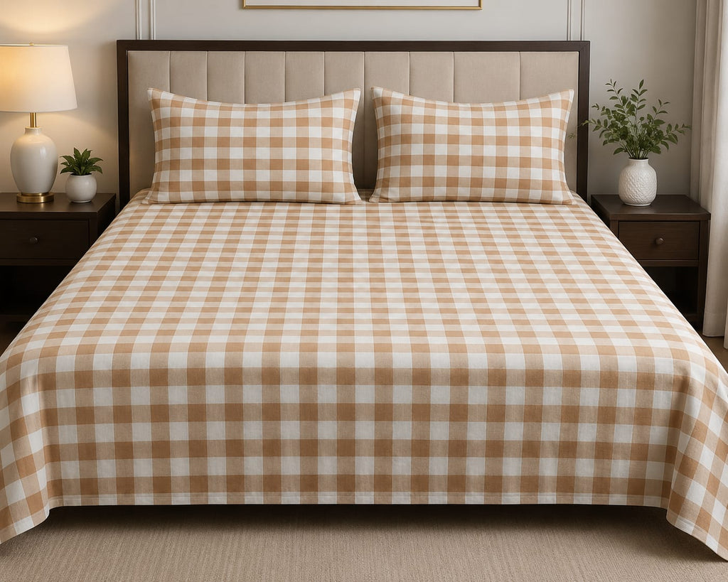 Turquoise & White Checkered Cotton Bed Sheet Set with Matching Pillow Covers