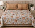 Peach Floral Printed Bed Sheet Set with Matching Checkered Pillow Covers