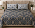 Royal Blue & Beige Elegant Printed Bed Sheet Set with Matching Pillow Covers
