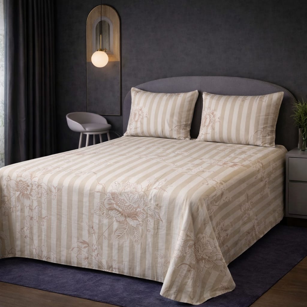 Elegant Light Grey Floral Bed Sheet Set – Soft, Breathable & Wrinkle-Resistant (2 Pillow Covers Included)