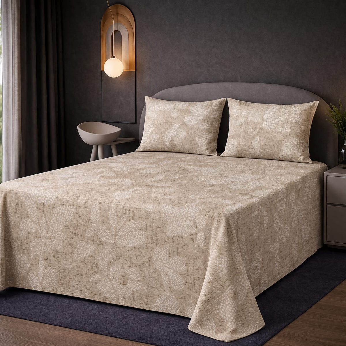 Elegant Light Grey Floral Bed Sheet Set – Soft, Breathable & Wrinkle-Resistant (2 Pillow Covers Included)