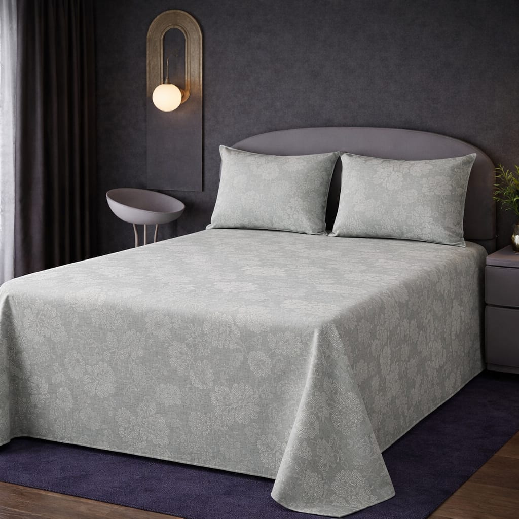 Elegant Light Grey Floral Bed Sheet Set – Soft, Breathable & Wrinkle-Resistant (2 Pillow Covers Included)