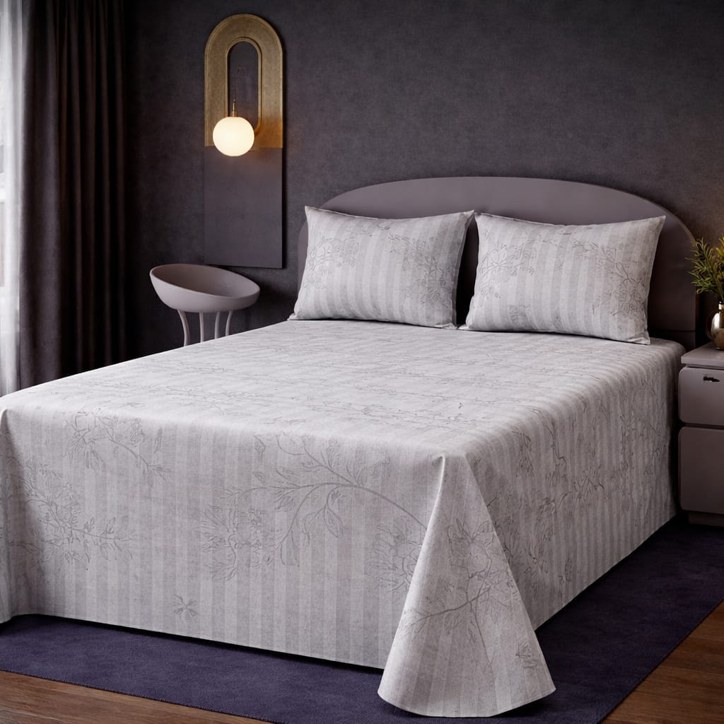 Elegant Light Grey Floral Bed Sheet Set – Soft, Breathable & Wrinkle-Resistant (2 Pillow Covers Included)