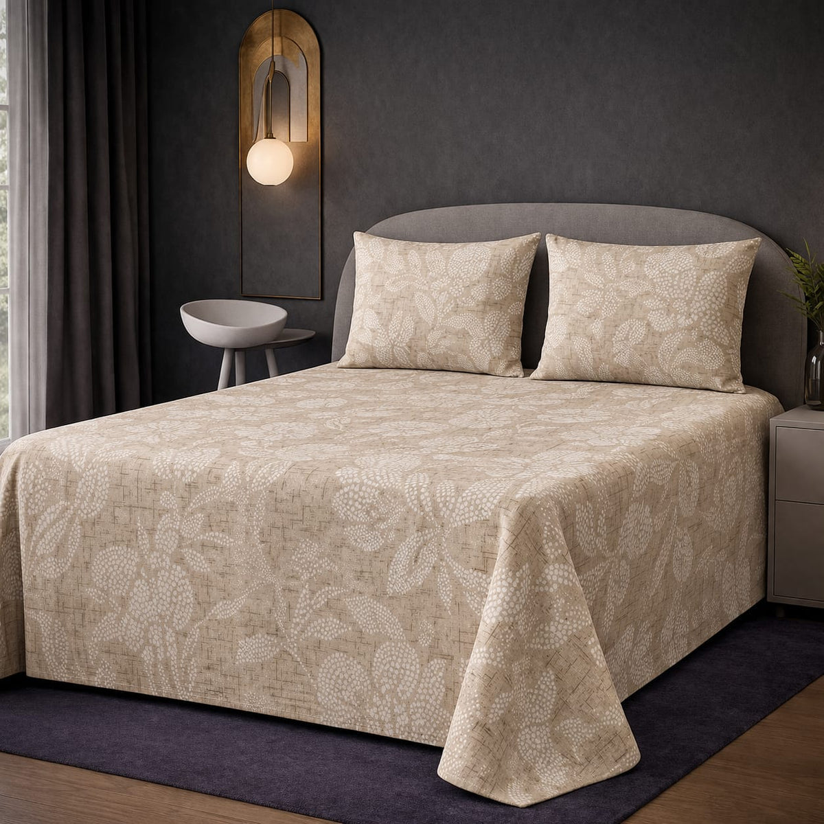 Elegant Light Grey Floral Bed Sheet Set – Soft, Breathable & Wrinkle-Resistant (2 Pillow Covers Included)