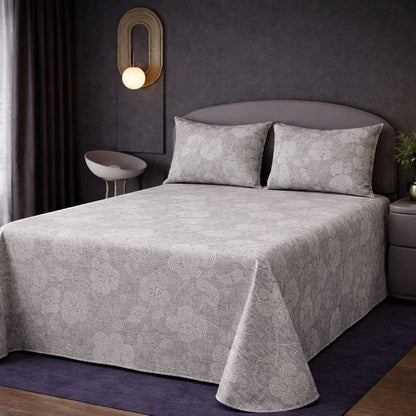 Elegant Light Grey Floral Bed Sheet Set – Soft, Breathable & Wrinkle-Resistant (2 Pillow Covers Included)